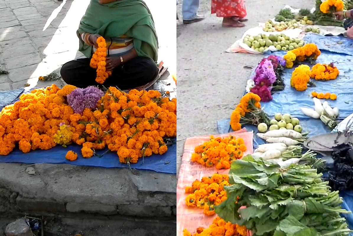 Kathmandu Swayambhunath 04 Selling Garlands And Vegetables On Road At Bottom Of Stairs 